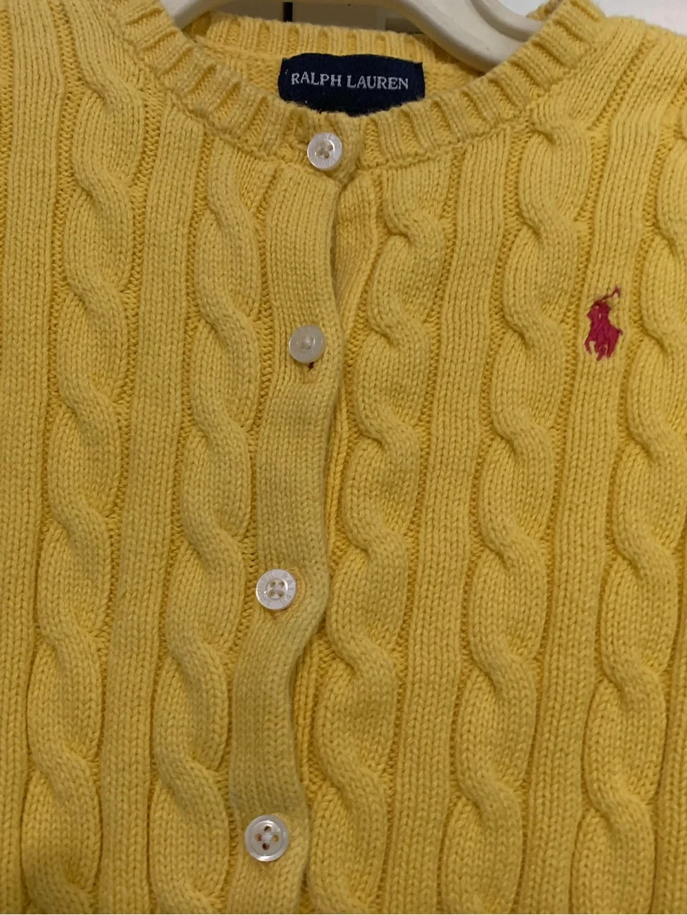 Ralph Lauren Mustard Yellow Cable-Knit Button Up Cardigan Pink Logo
